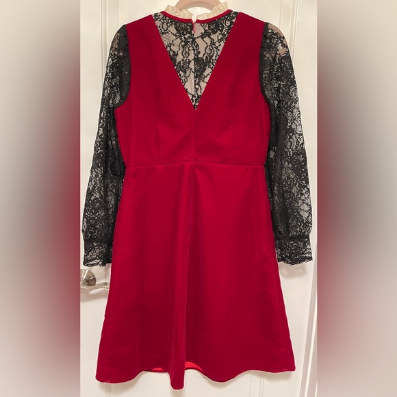 Red Velvet Mini Dress Black Lace Sleeve Gothic Romantic Victorian Retro Medium - Picture 2 of 3